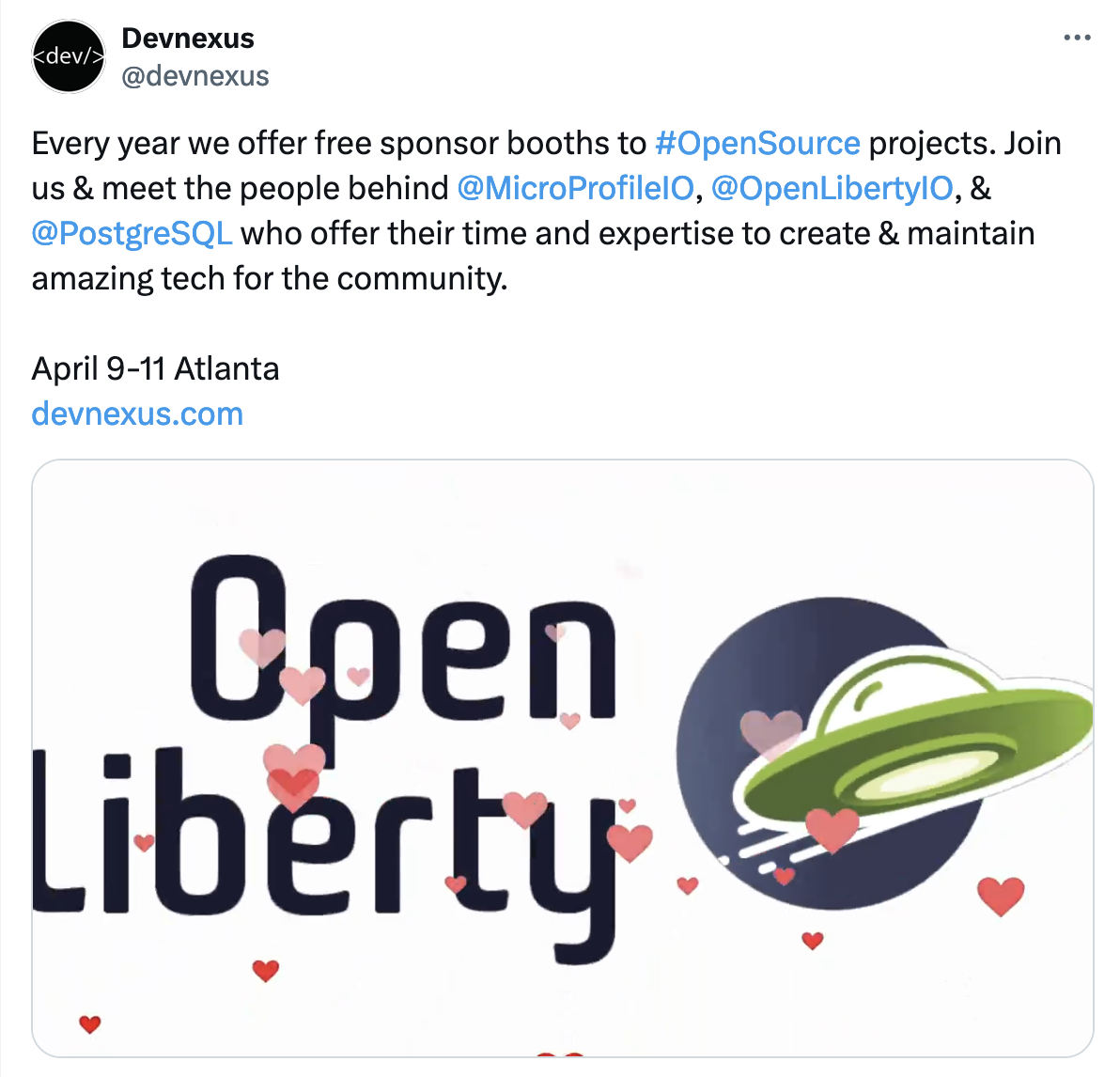 DevNexus twitter post about Open Source Sponsors