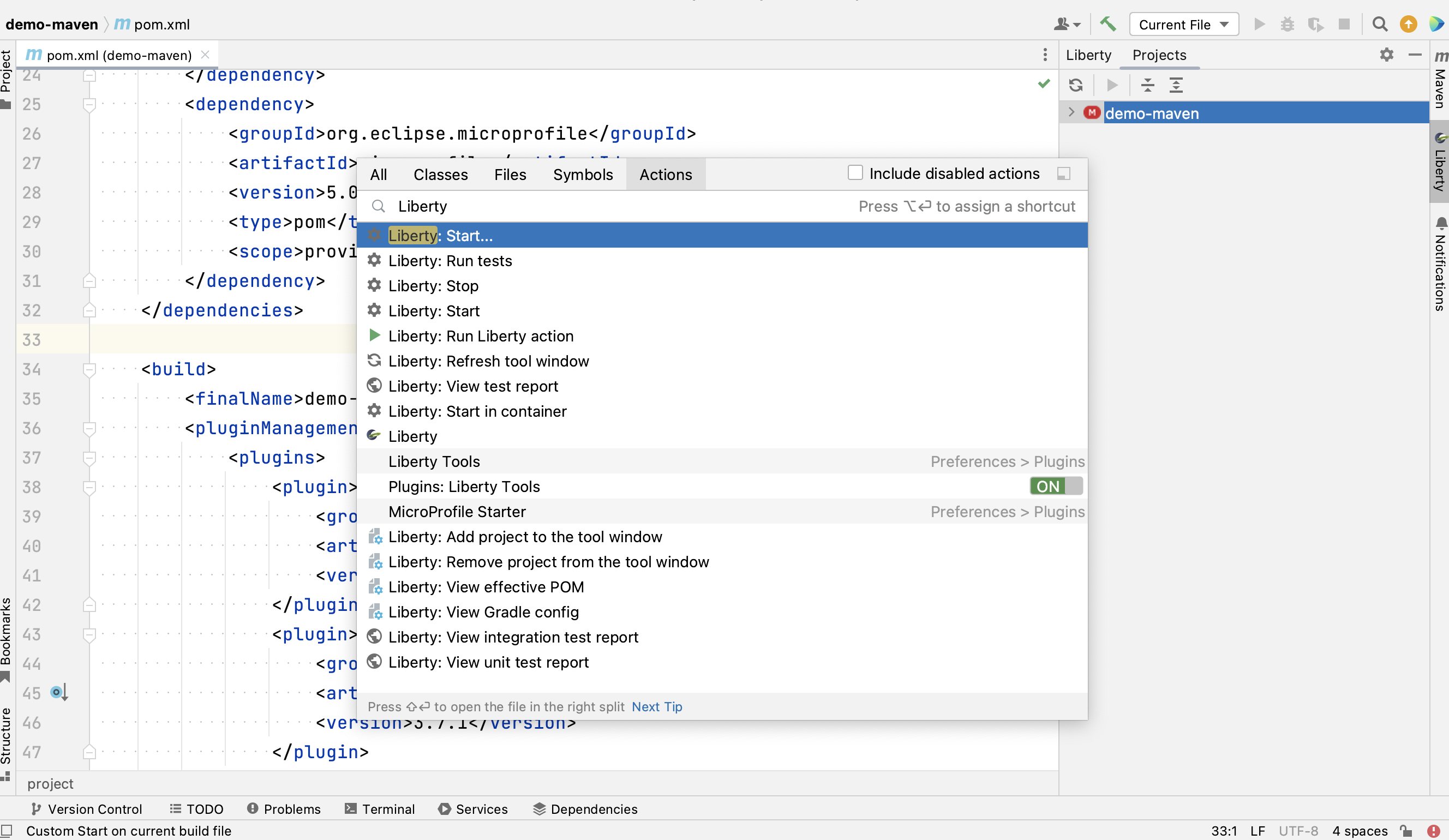 Run Liberty actions using the keyboard with the IntelliJ Go To Action menu.