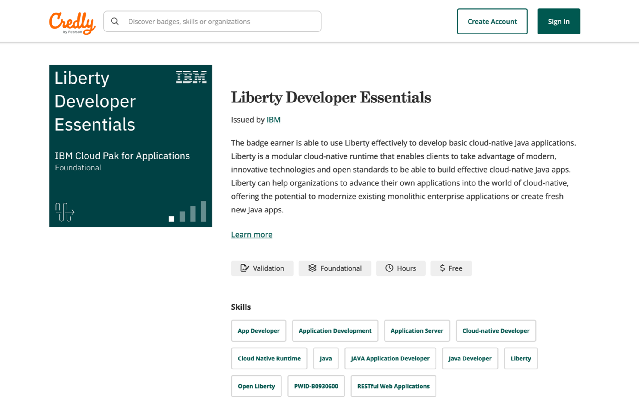 Screenshot of Liberty Developer Essentials badge on Credly website