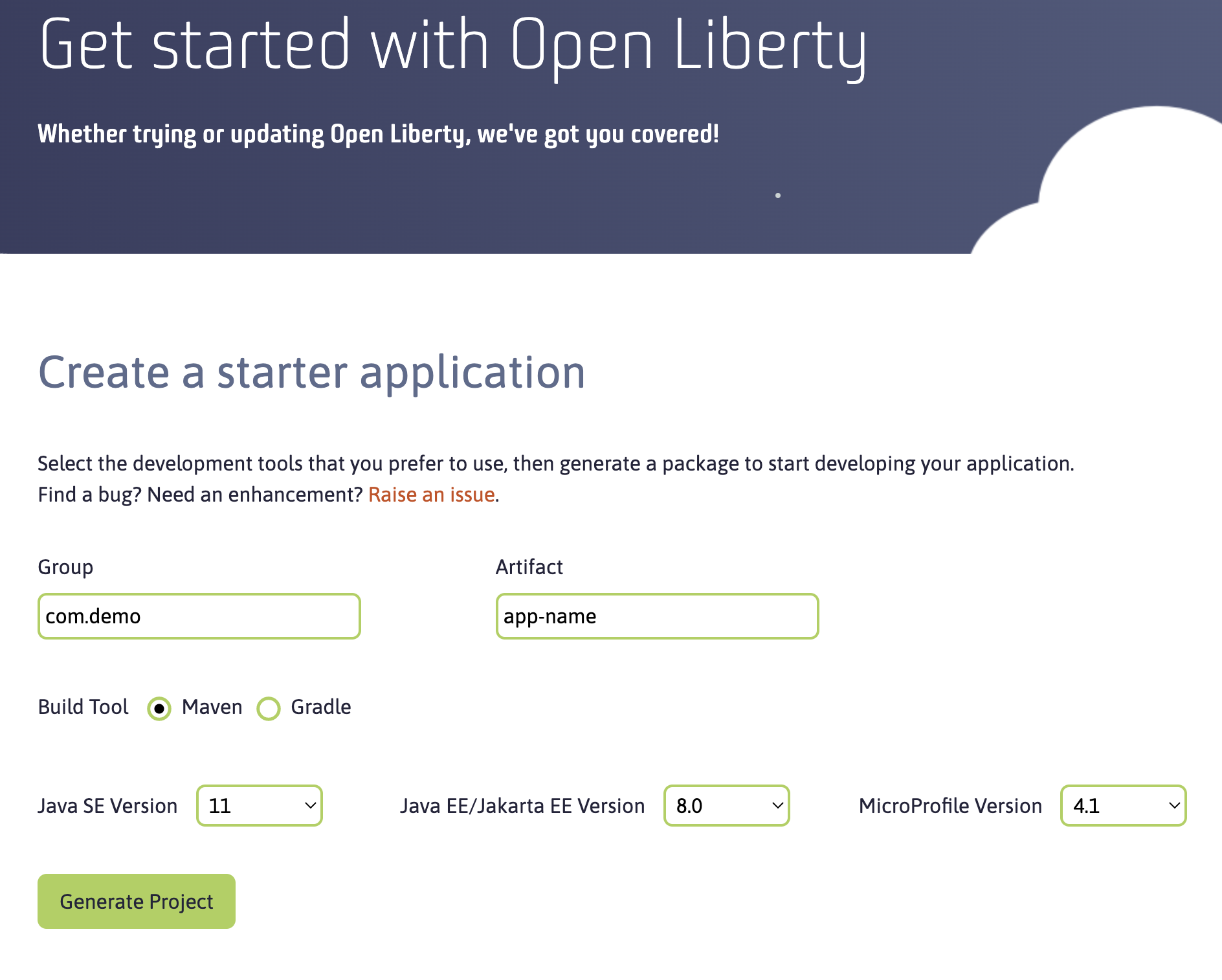 Screenshot of Open Liberty Starter
