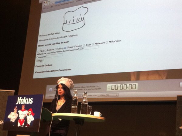 Holly presenting in her chef’s hat at JFokus
