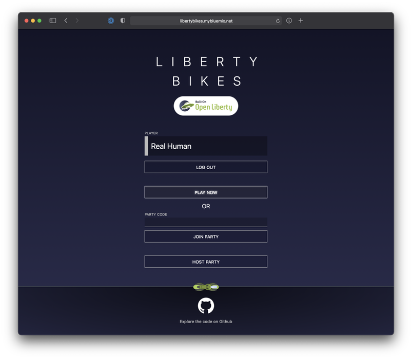 screen capture of a player logged in to Liberty Bikes ready to start a game