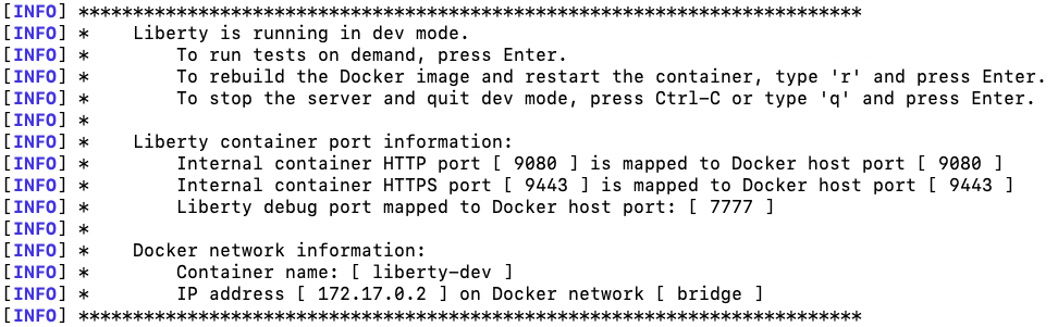 Dev mode with containers startup message