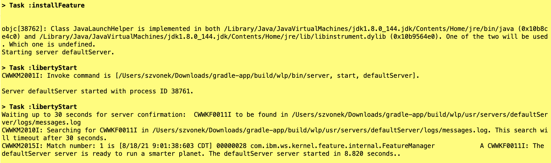 screen capture of the starter gradlew libertyStart output