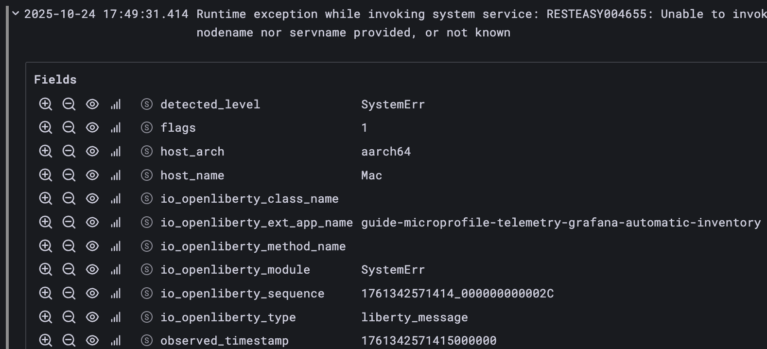 Example log entry from `System.err` standard error stream