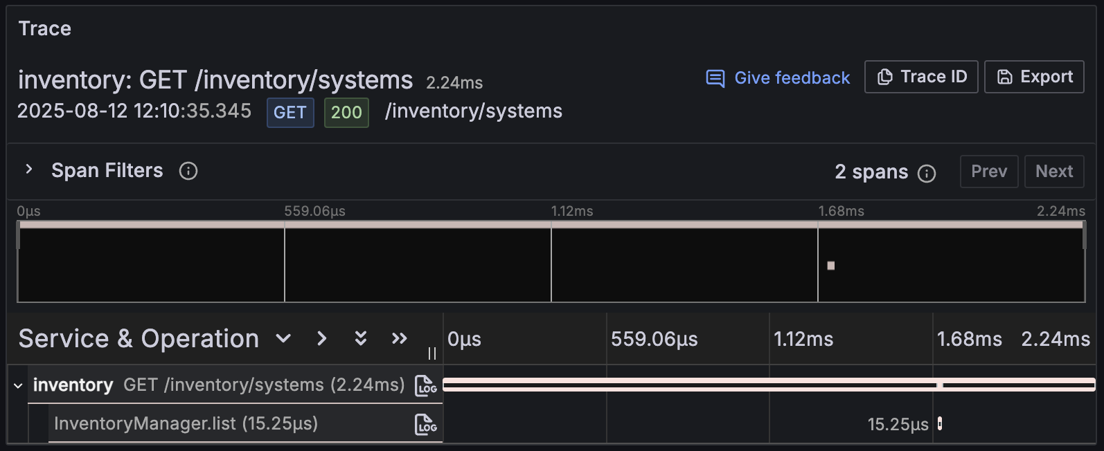 Spans generated when visiting `GET /inventory/systems`